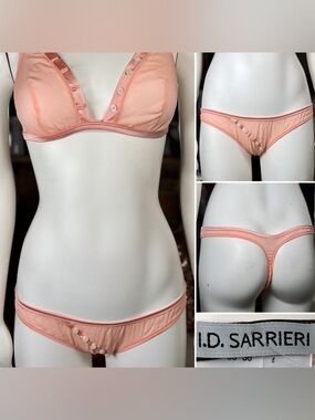I.D. Sarrieri Pink Coral Silk Semi Sheer Thong Panties w/ Button Detail, Sz 2